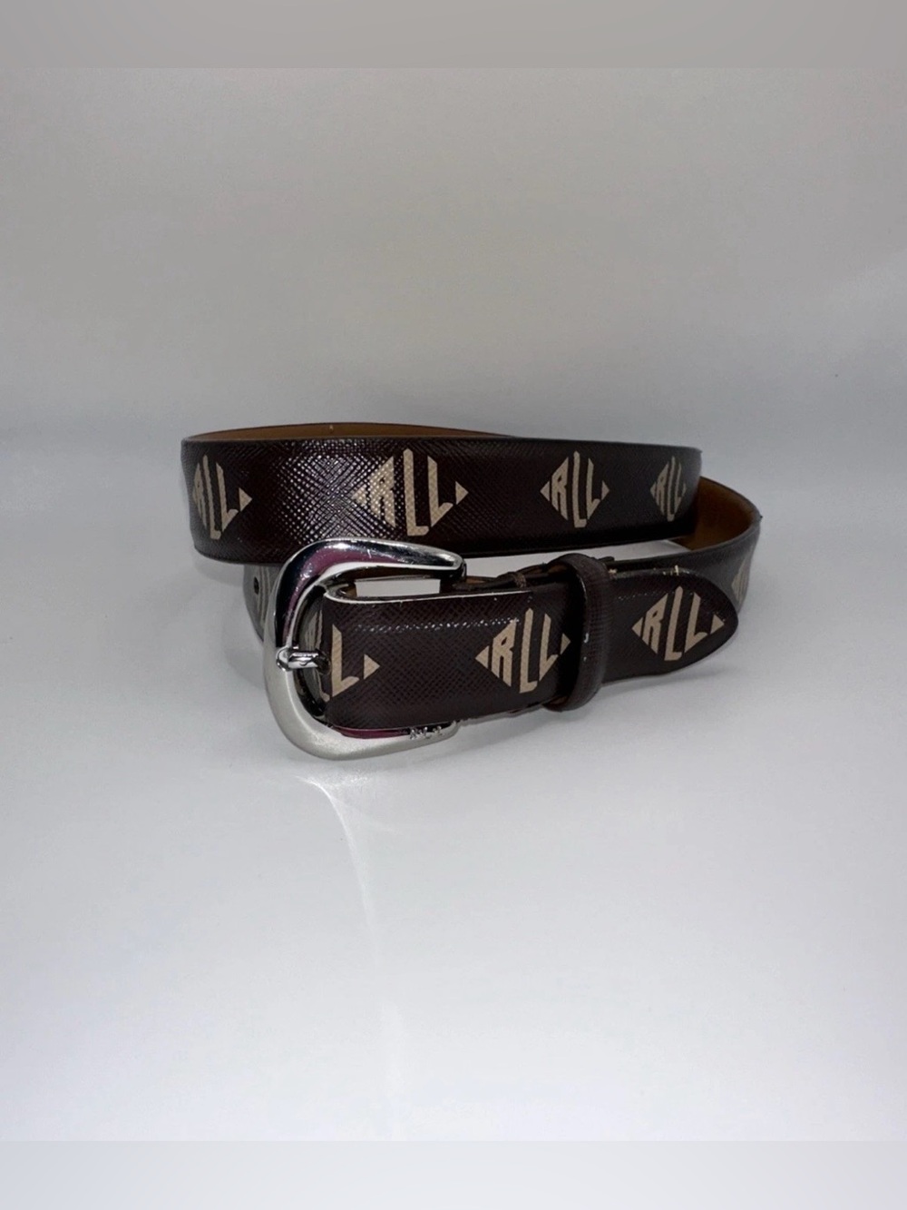 Lauren Ralph Lauren Signature Monogram Leather Belt Skinny Silver 90s Mom Style
